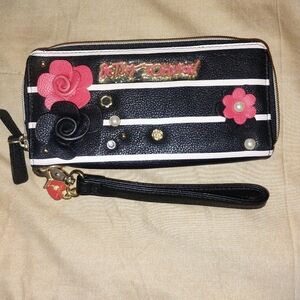 Betsey Johnson Striped Floral Wristlet Clutch Black White Pink